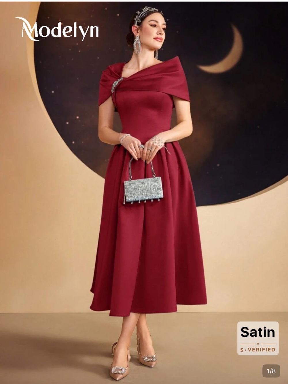 SHEIN Wine Red Off-Shoulder Satin Midi Dress